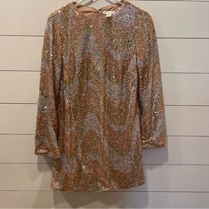 H&M Multicolor Rainbow & Rose Gold Sequin Swing Dress Womens Size Medium